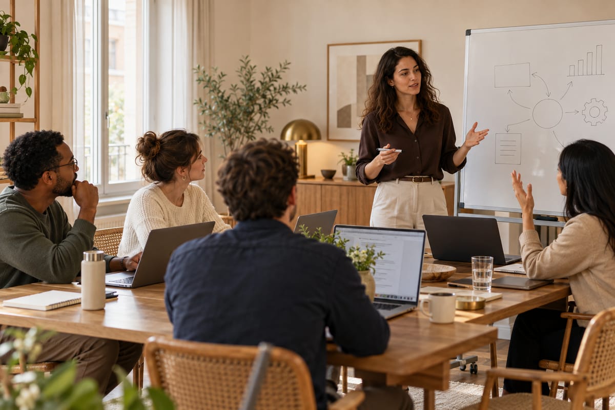 Illustration of a team practising AI in a facilitated workshop