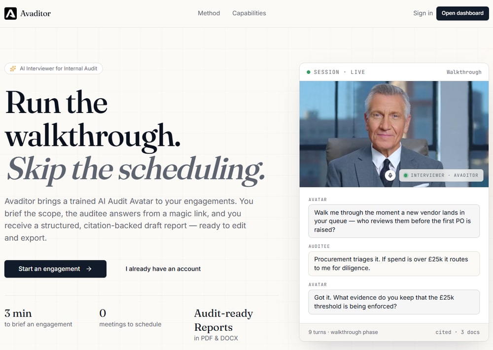 Avaditor preview of an AI Avatar conducting an audit interview