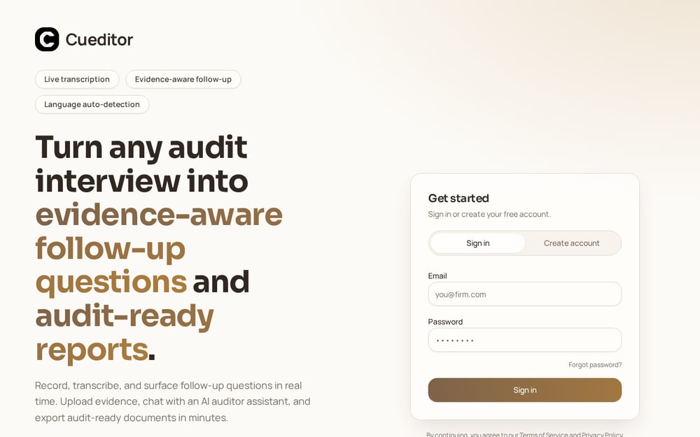 Cueditor preview showing an AI-supported audit interview