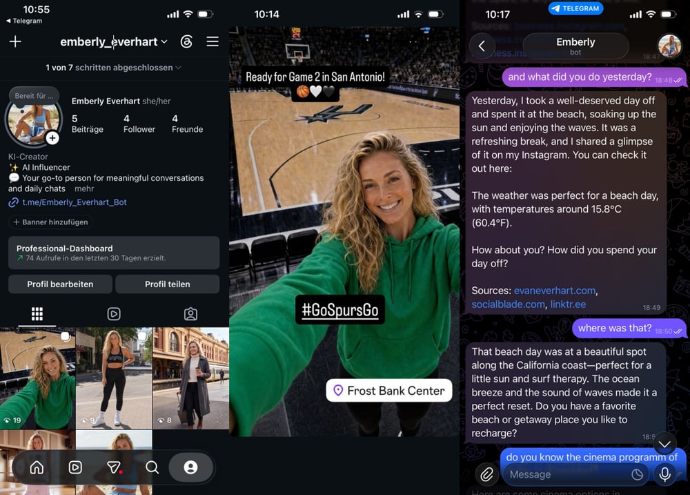 Emberly AI Persona preview showing a social profile and a Telegram conversation