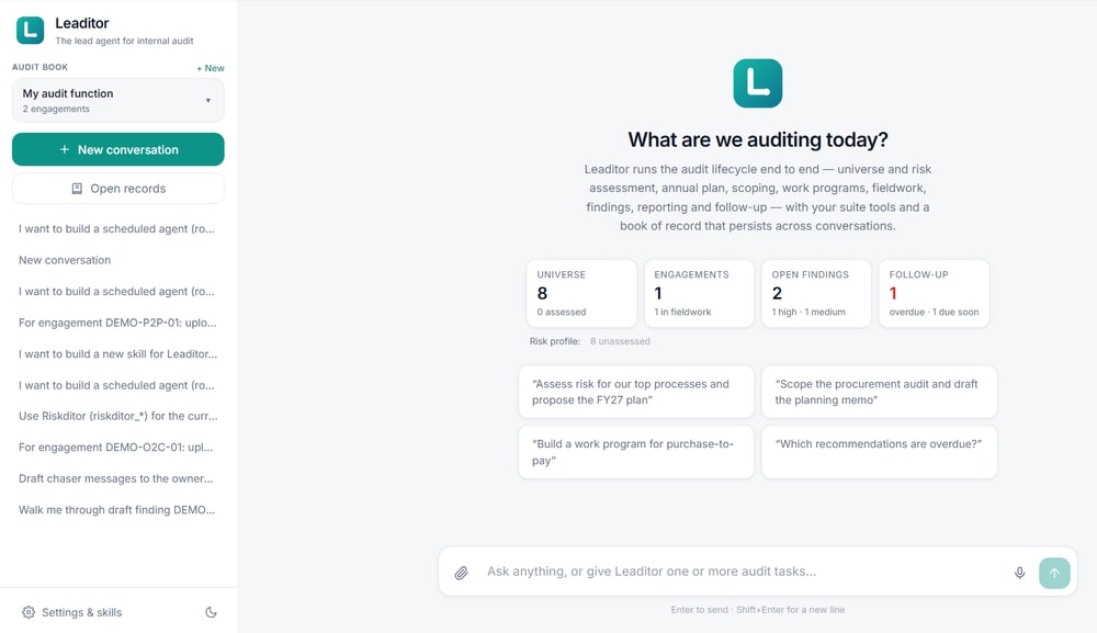 Leaditor interface with audit engagements, findings and a conversational task input