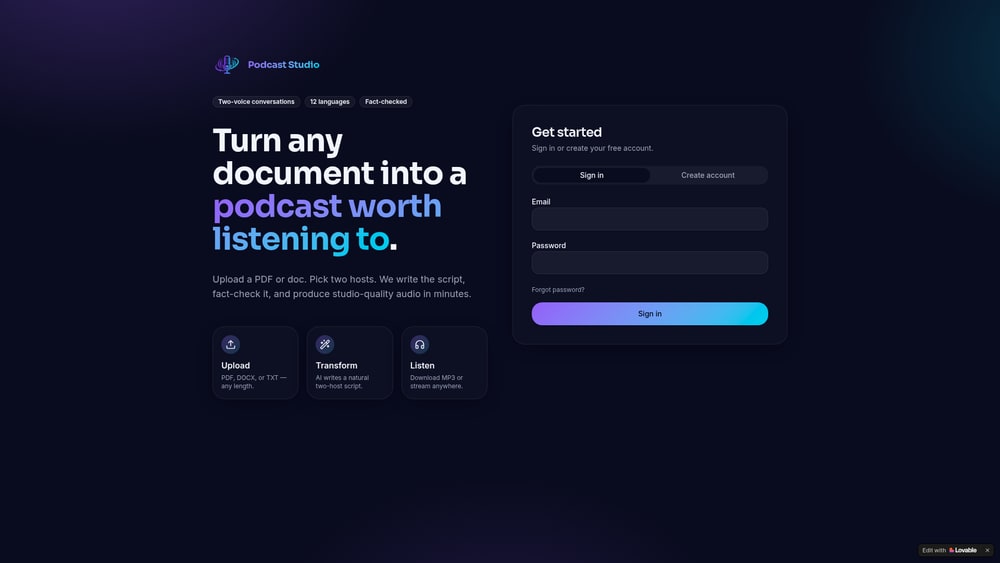 Podcast Studio interface for turning documents into two-host audio conversations