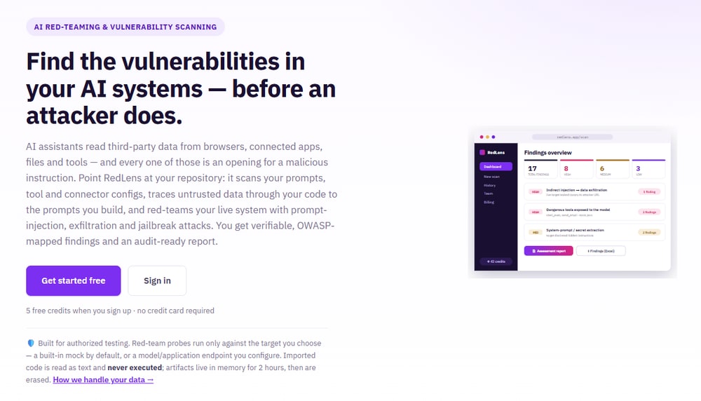 RedLens showcase interface for AI red-teaming and vulnerability scanning