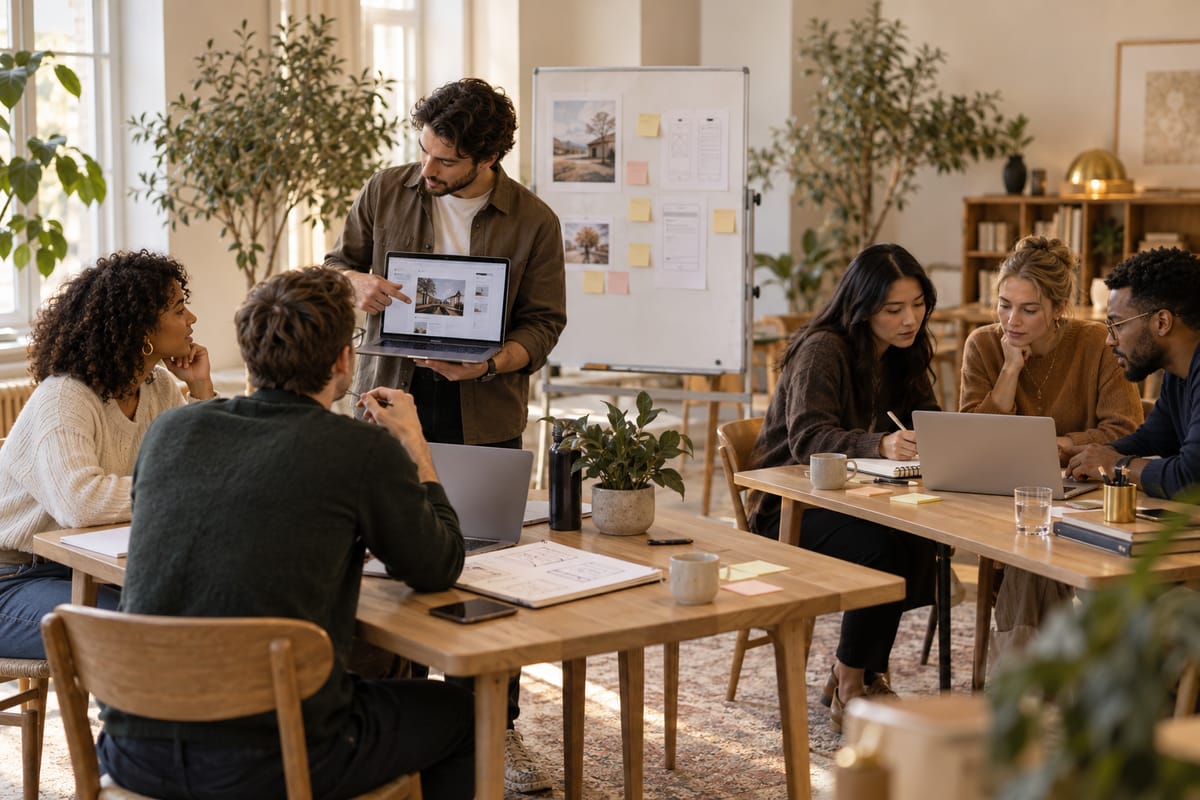 Illustration of small teams building prototypes in a collaborative hackathon